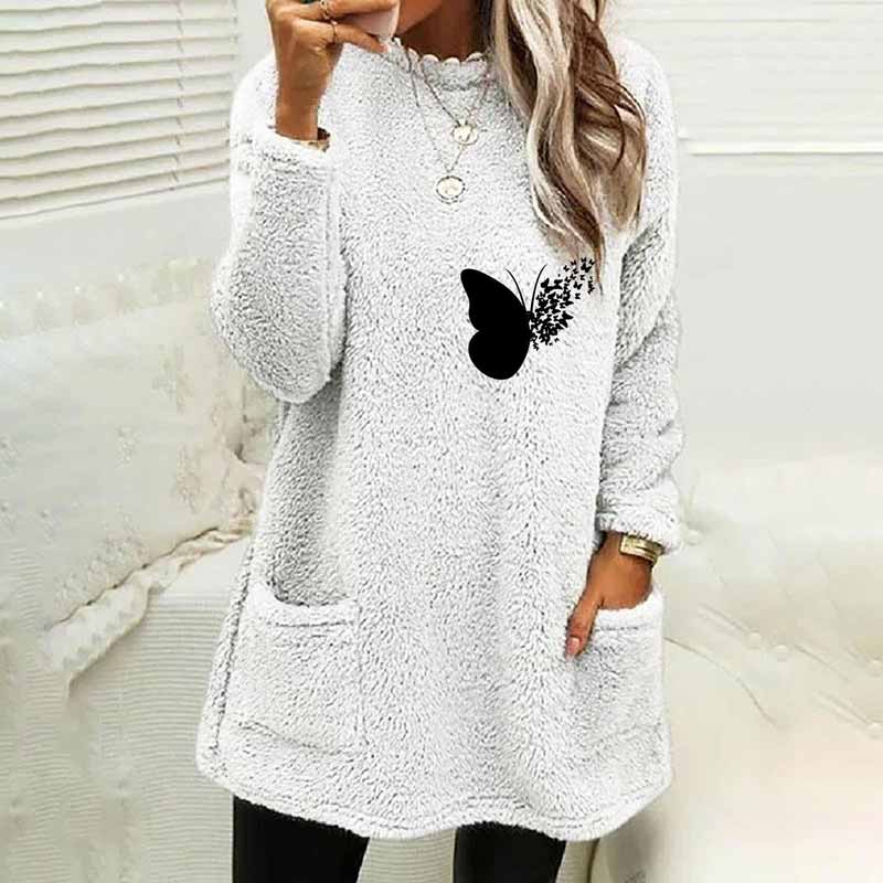 Butterfly Printed Plush Warm Autumn Winter Pockets Long Sweatshirt