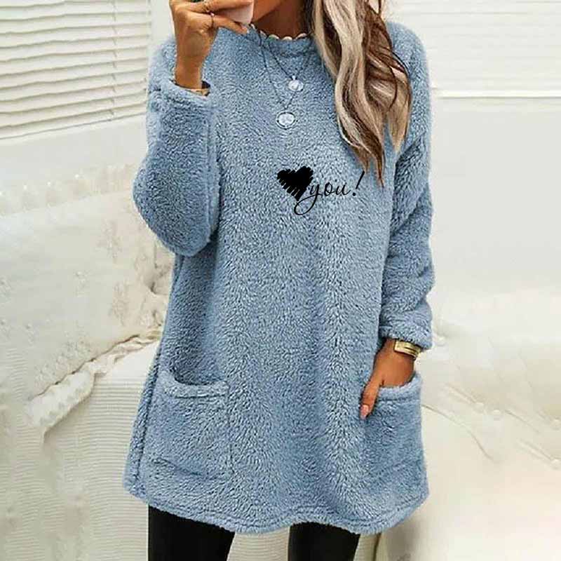 Love You Printed Plush Warm Autumn Winter Pockets Long Sweatshirt