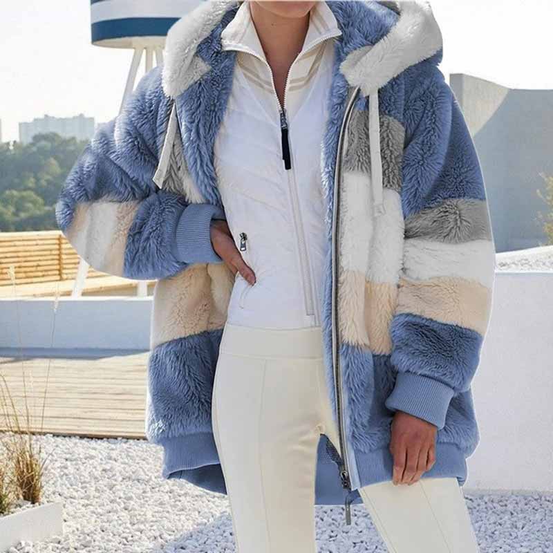Warm Plush Color Blocking Zipper Hooded Autumn Winter Pockets Coat