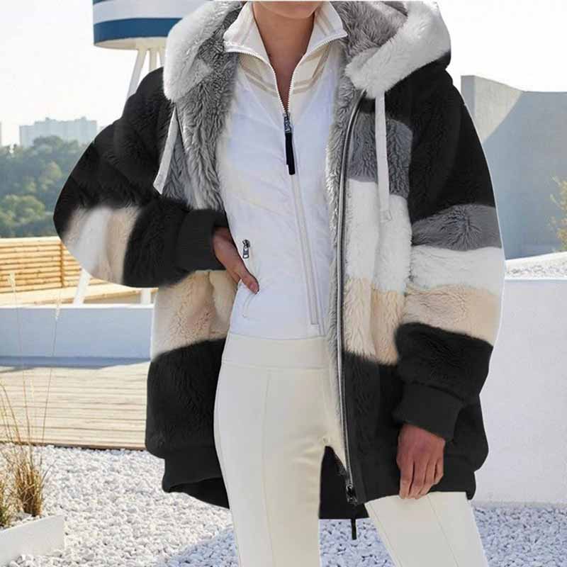 Warm Plush Color Blocking Zipper Hooded Autumn Winter Pockets Coat