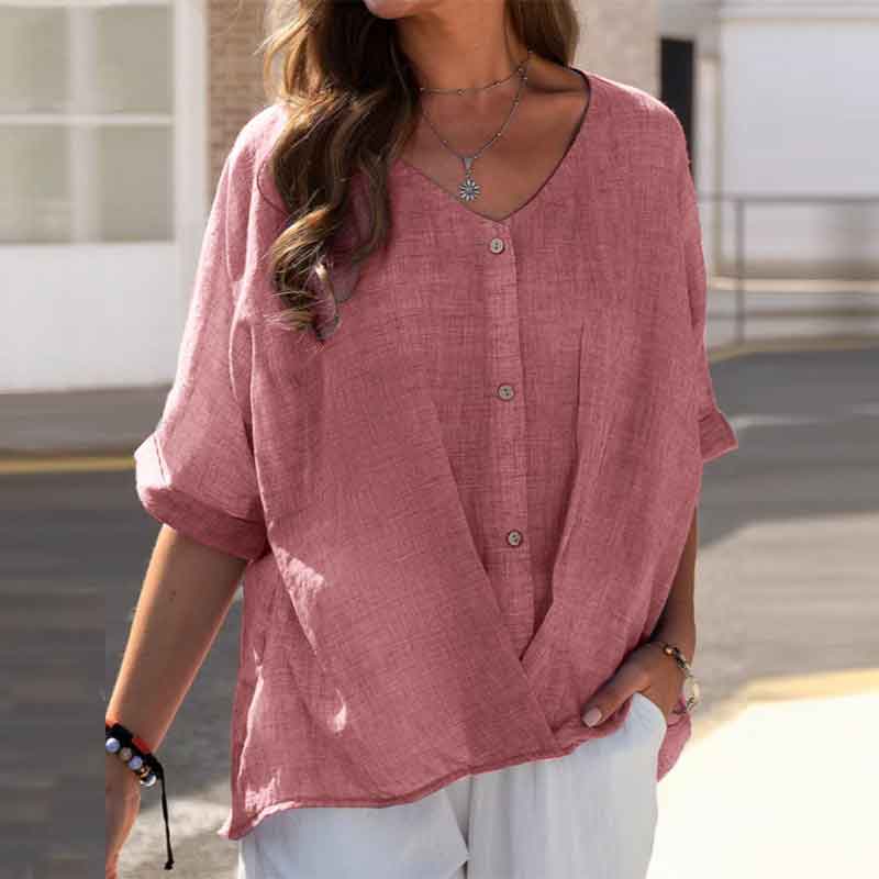 Button V Neck Half Sleeve Casual Loose T-shirt