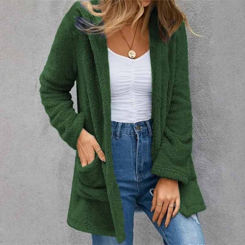 Solid Color Plush Pockets Autumn Winter Cardigan Coat