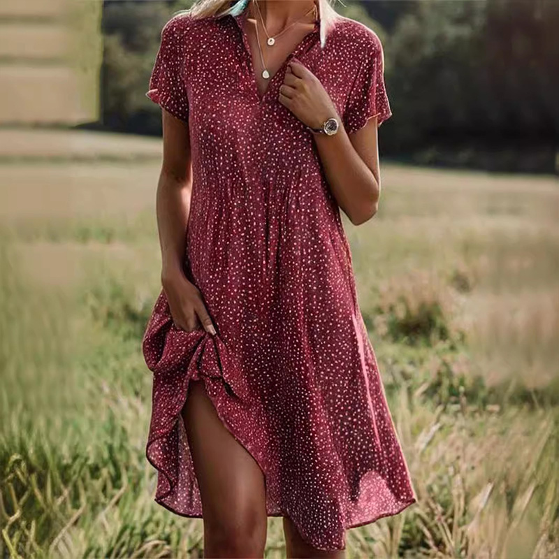 Fashion Polka Dot Printed Shirt Collar Loose V-neck A-line Dress