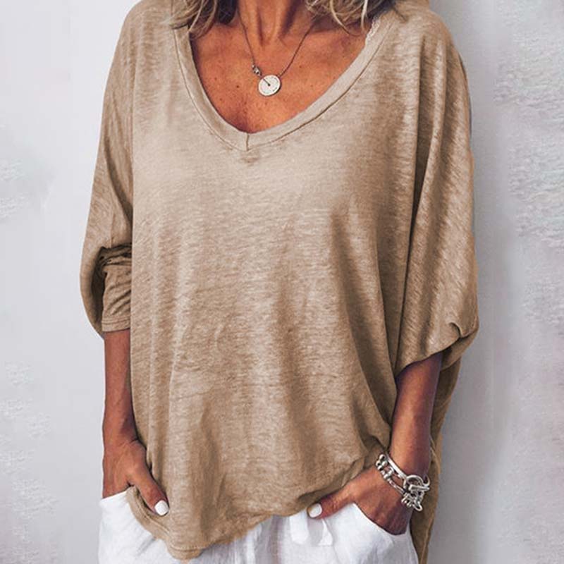 Solid Color V-neck Bat Sleeves Casual Loose T-Shirt