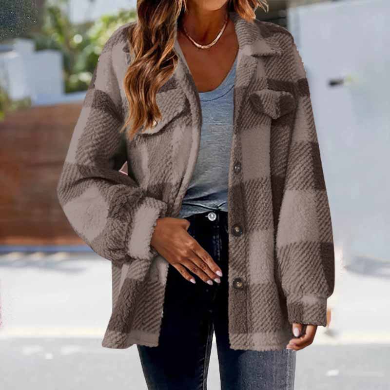 Plaid Printed Single Breasted Plush Pockets Coat