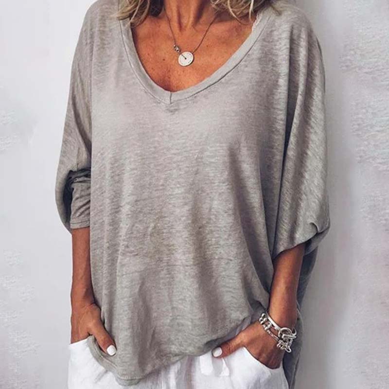 Solid Color V-neck Bat Sleeves Casual Loose T-Shirt
