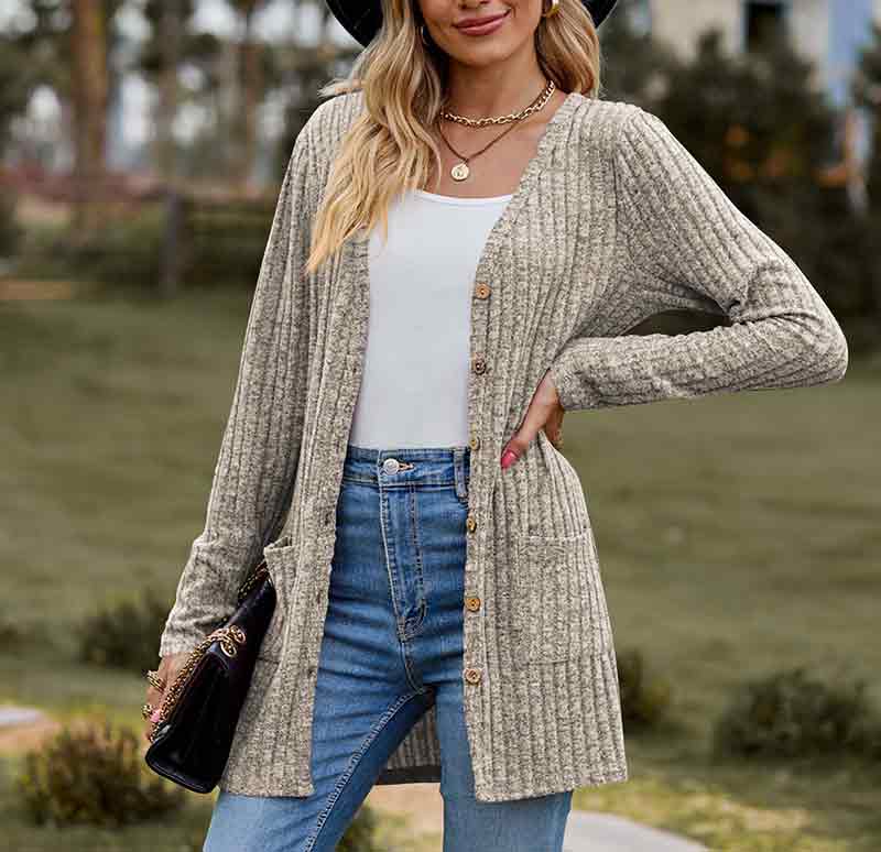 Solid Color Velvet Ribbed Buttons Autumn Winter Pockets Cardigan Top