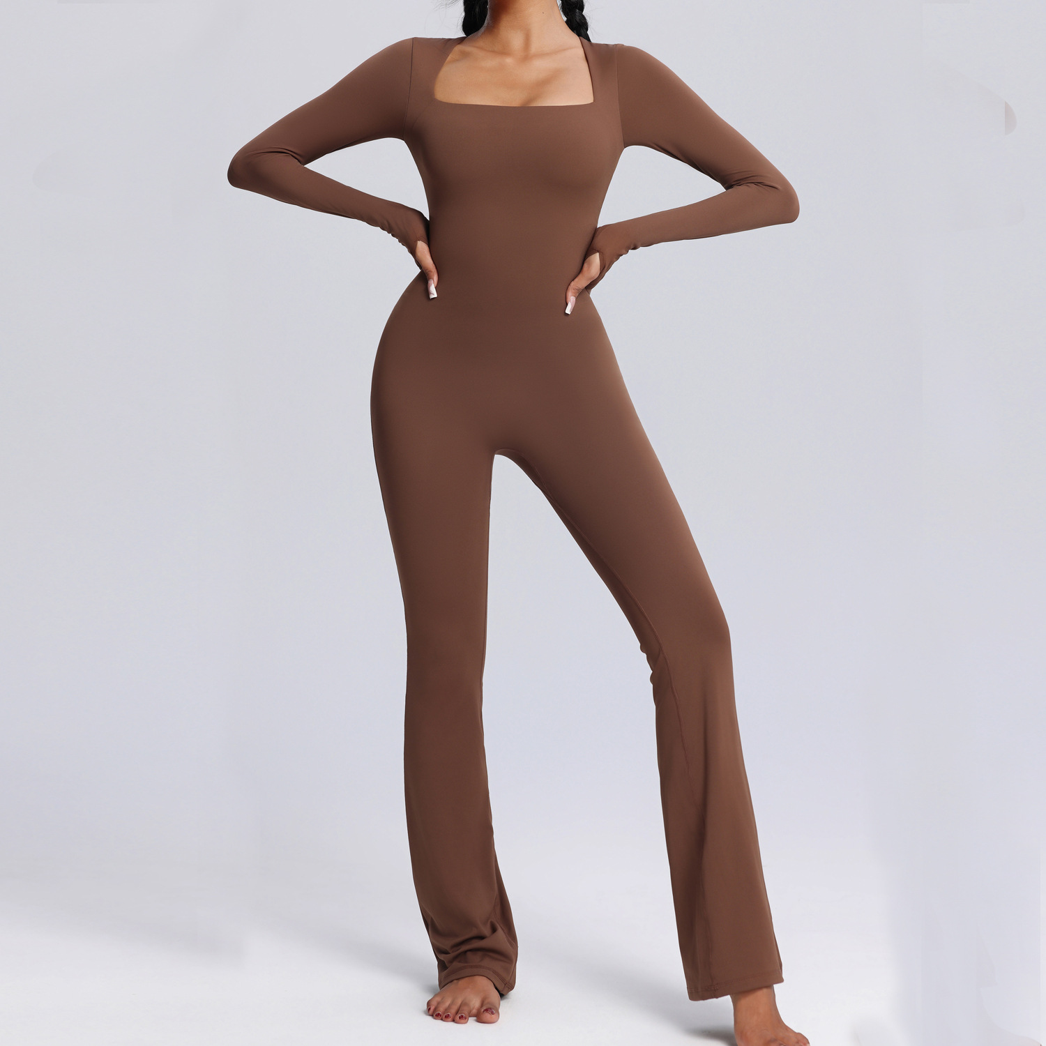 Long Sleeve One-Piece Yoga Suit High Elastic Dance Flared Jumpsuit