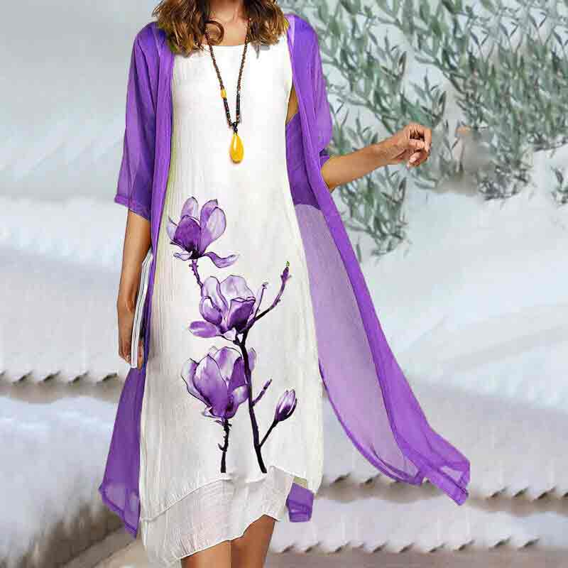 Casual Floral Printed Round Neck Two-piece Cardigan Dress