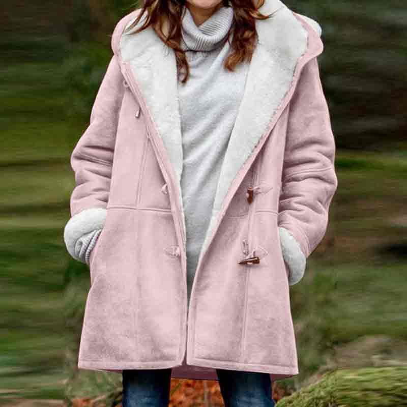 Solid Color Hoodie Long Sleeve Pockets Horn Button Fleece Coat