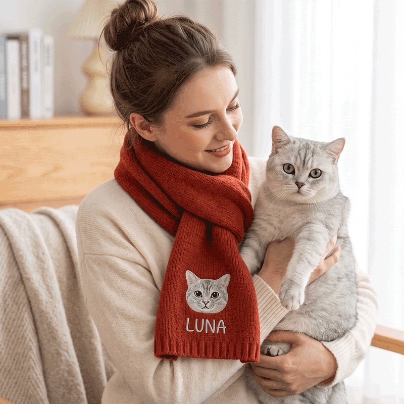 Custom Pet Portrait Embroidery Scarf Furry Baby Winter Warm Scarf