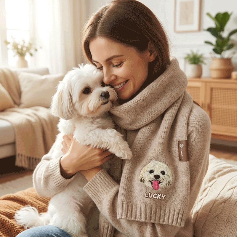 Custom Pet Portrait Embroidery Scarf Furry Baby Winter Warm Scarf