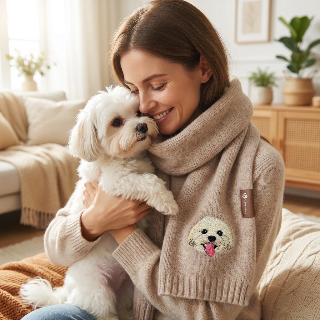 Custom Pet Portrait Embroidery Scarf Furry Baby Winter Warm Scarf