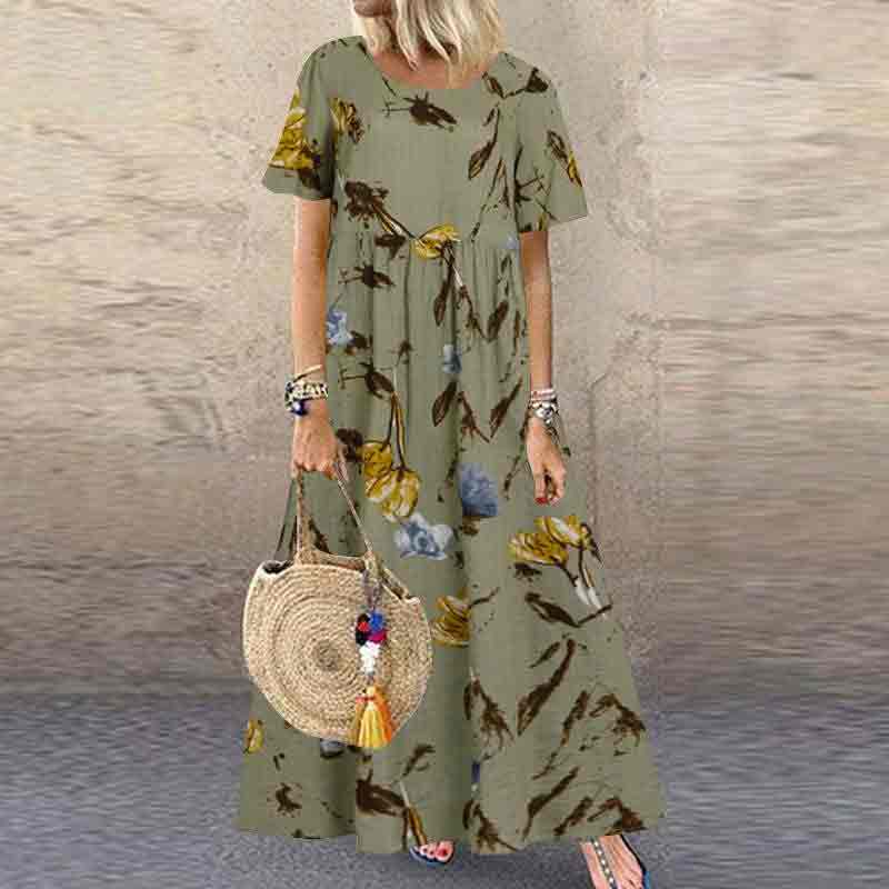 Vintage Floral Printed Short Sleeve Round Neck A-line Maxi Dress