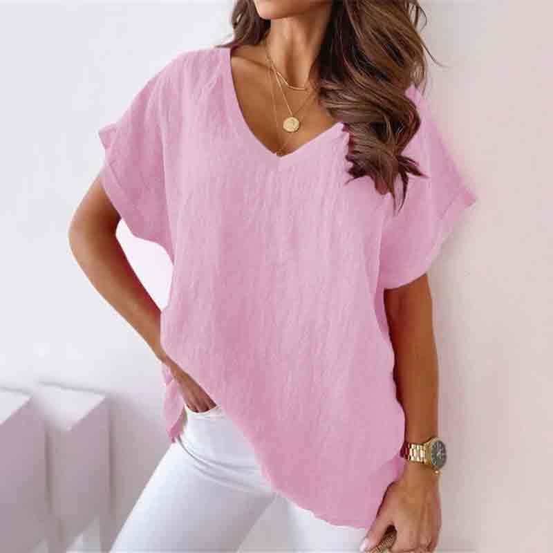 Solid Color V Neck Casual Loose Short Sleeve T-shirt