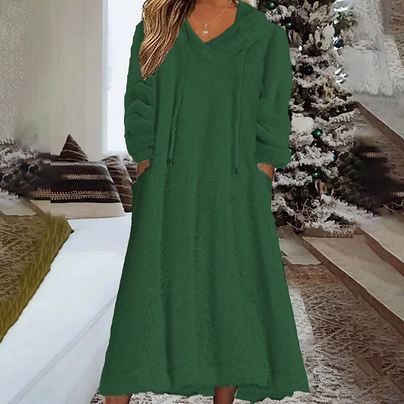 Warm plush hooded long sleeve pockets dress casual loose homewear