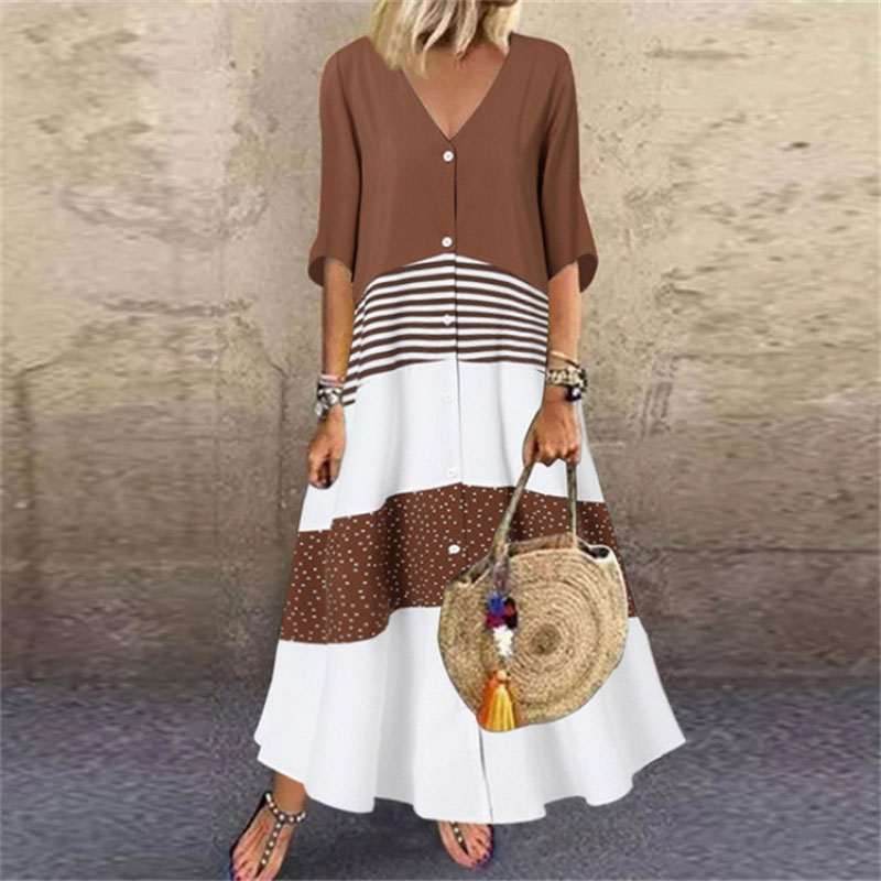 Boho Fashion Color Blocking Half Sleeve Casual A-line Maxi Dress