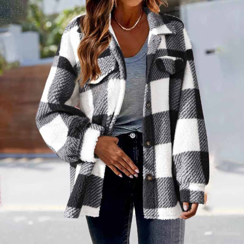 Plaid Printed Single Breasted Plush Pockets Coat