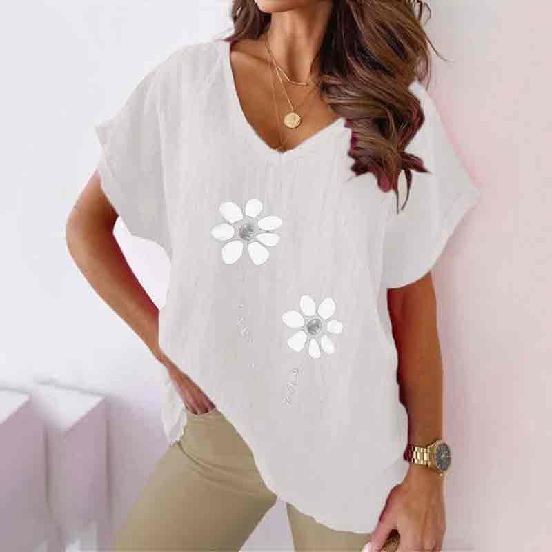 Floral Printed V Neck Casual Loose Short Sleeve T-shirt