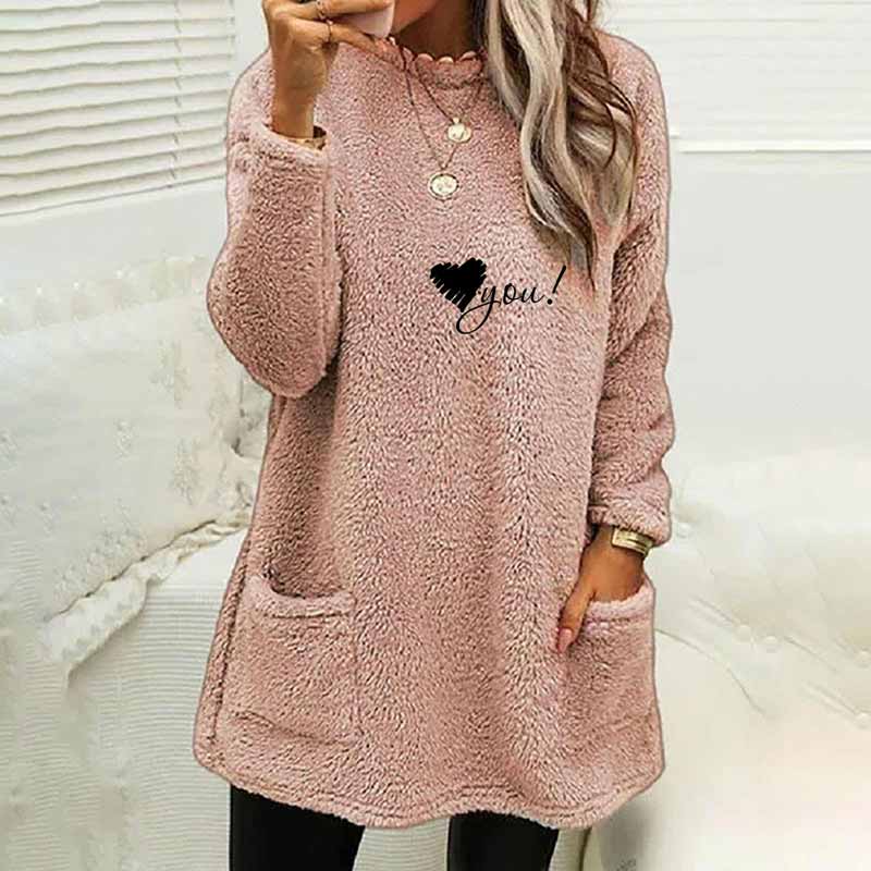 Love You Printed Plush Warm Autumn Winter Pockets Long Sweatshirt