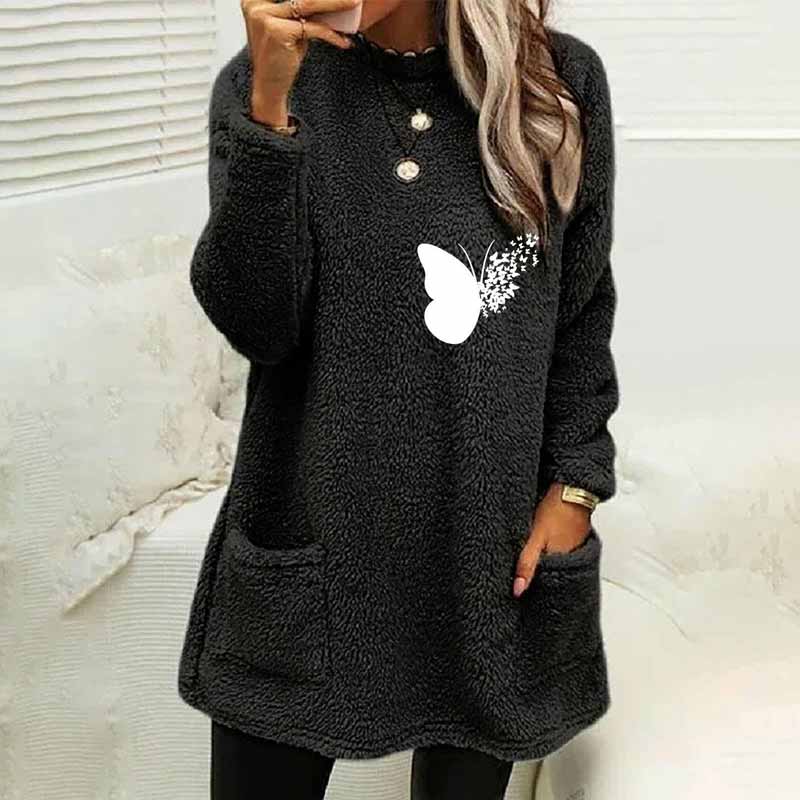 Butterfly Printed Plush Warm Autumn Winter Pockets Long Sweatshirt
