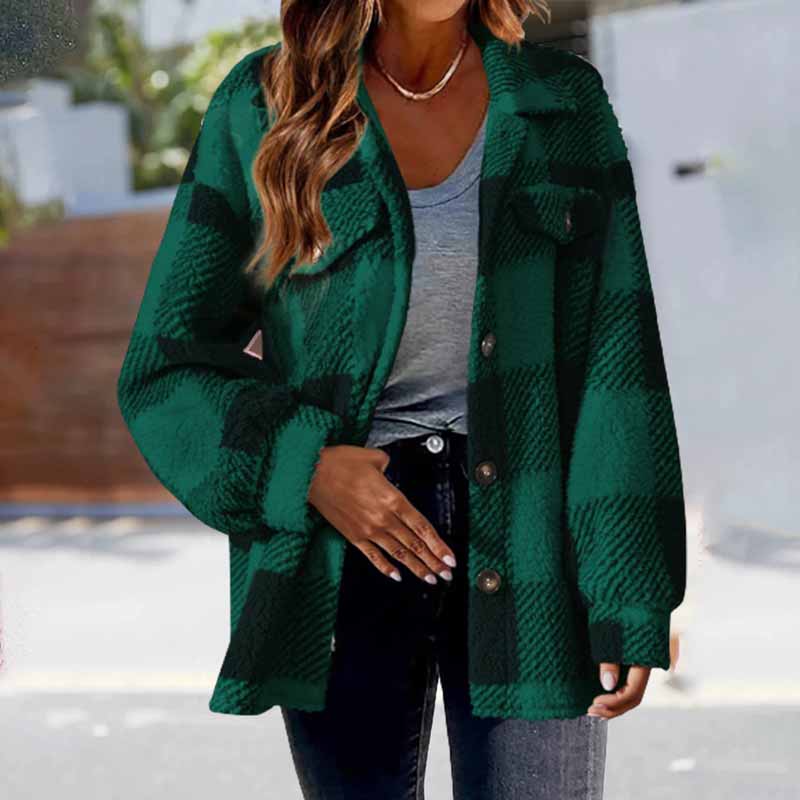 Plaid Printed Single Breasted Plush Pockets Coat