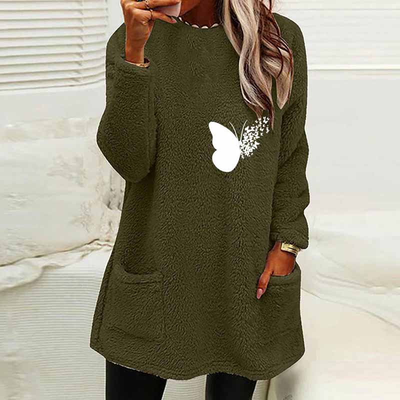 Butterfly Printed Plush Warm Autumn Winter Pockets Long Sweatshirt