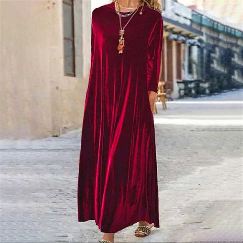 Elegant Solid Color Velvet Round Neck PocketsStretchy Maxi Dress