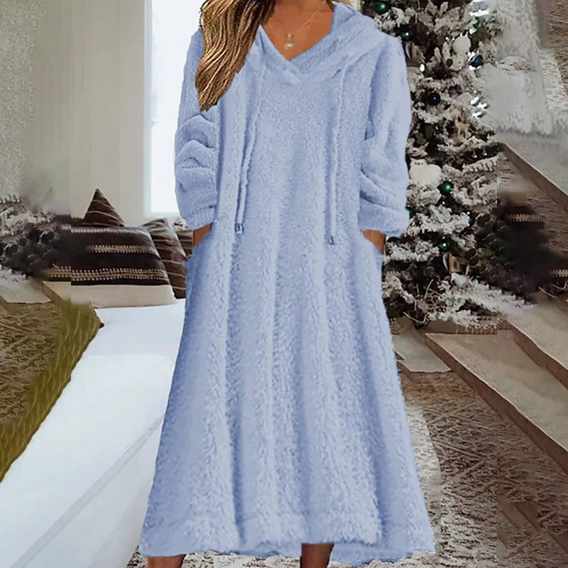 Warm plush hooded long sleeve pockets dress casual loose homewear