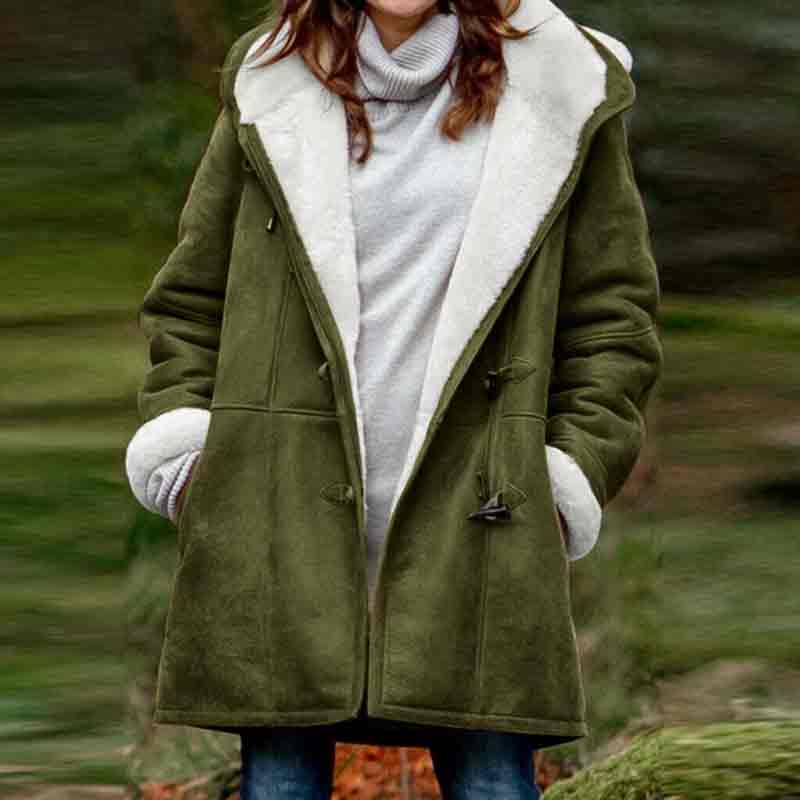 Solid Color Hoodie Long Sleeve Pockets Horn Button Fleece Coat
