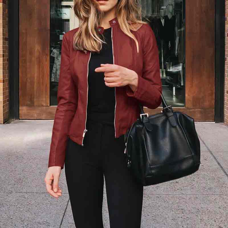 Solid Color Fashion Stand Neck Leather Zippered Jacket Coat