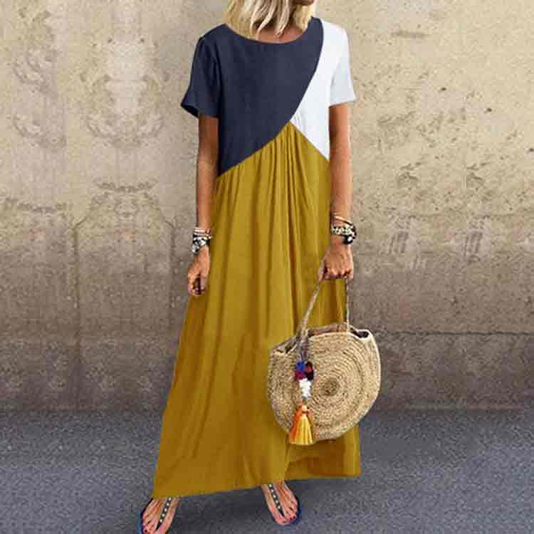 Geometric Stitching Color Blocking Short Sleeve A-line Dress