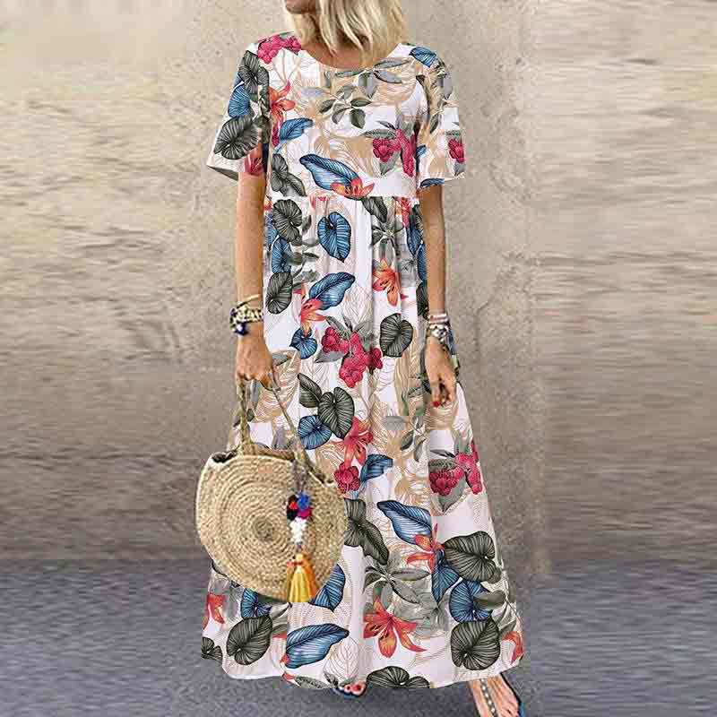 Vintage Floral Printed Loose A-line Maxi Dress