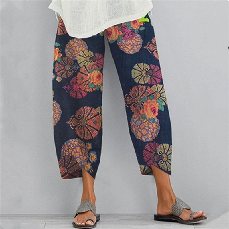 Fashion Multicolor Printed Loose Elastic Waist Pockets Pants