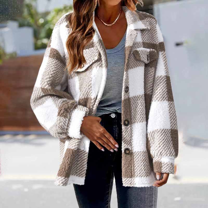Plaid Printed Single Breasted Plush Pockets Coat