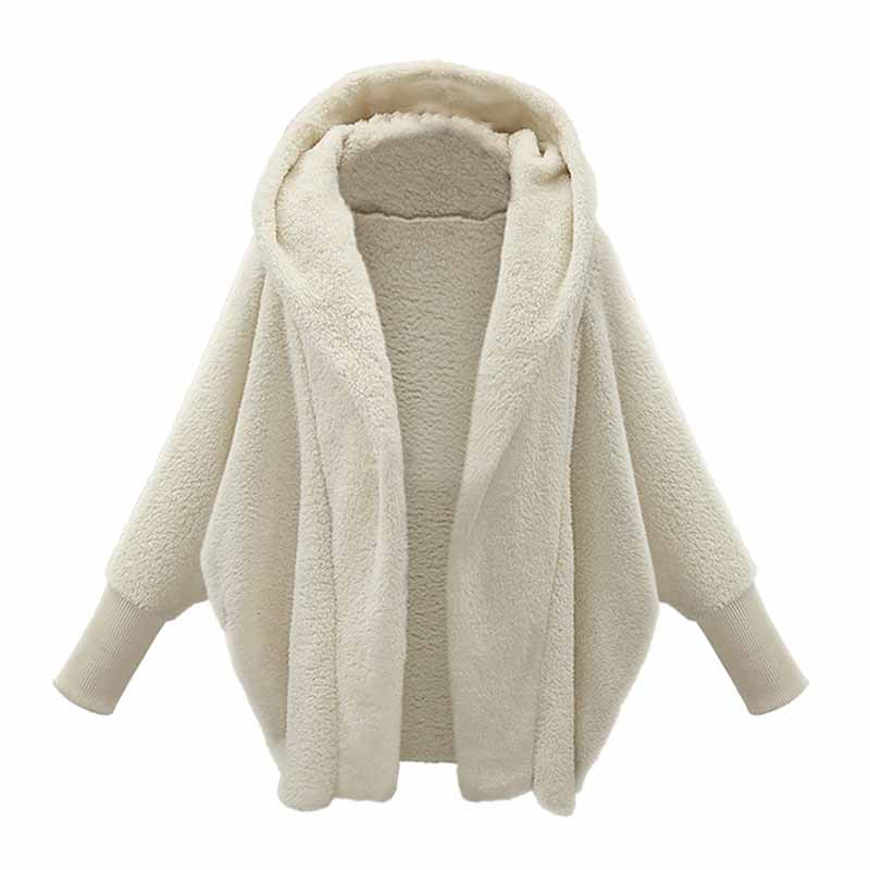 Solid Color Plush Hooded Pockets Autumn Winter Cardigan Coat