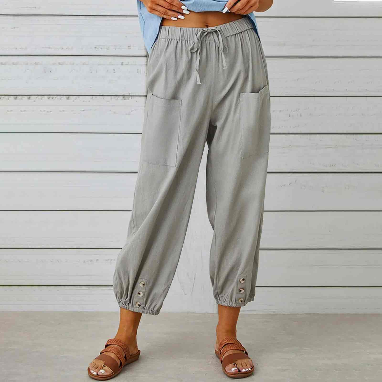 Solid Color Elastic Waist Drawstring Button Decorated Pockets Cropped Trousers