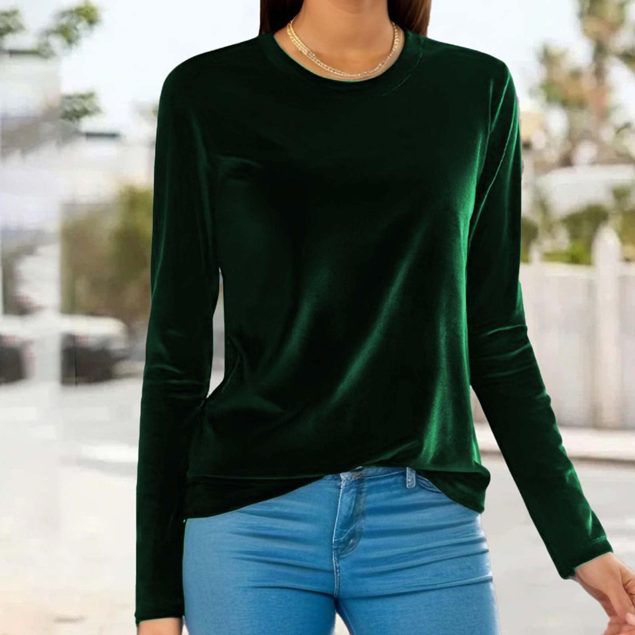 Elegant Velvet Long Sleeve Top Loose Round Neck Pullover T-shirt