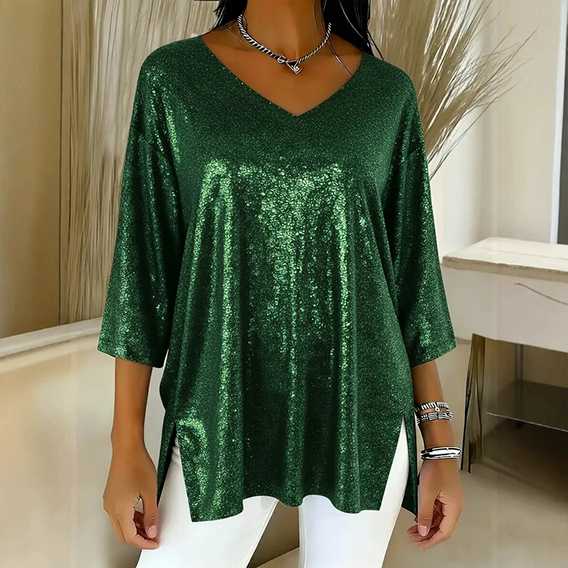 Trendy V-Neck Three-Quarter Sleeve Side Slit Top Loose Printed T-shirt