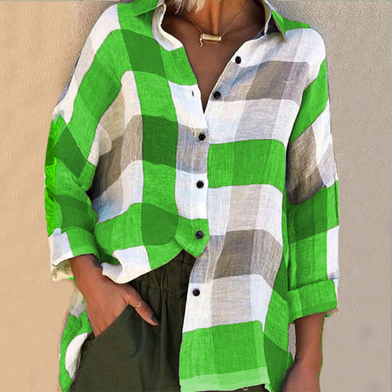 Lapel Plaid Printed Single-breasted Long Sleeve Loose Blouse