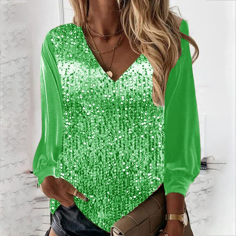 Trendy V-Neck Long Sleeve Splicing Pullover Top Loose Printed T-shirt