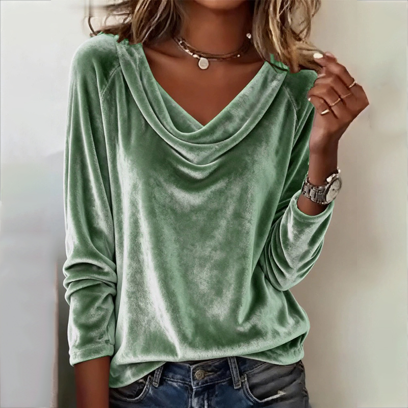 Elegant Velvet Boat Collar Long Sleeve Top Loose Stack Collar T-shirt