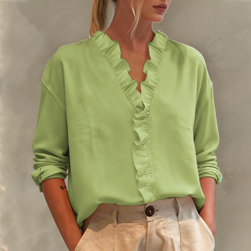 Trendy Ruffles V-Neck Pullover Top Long Sleeve Casual Loose Shirt