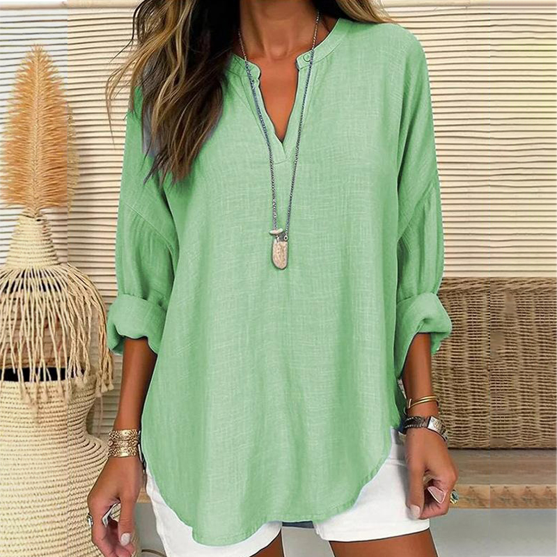 Trendy V-Neck Solid Color Pullover Top Casual Long Sleeve Loose Shirt