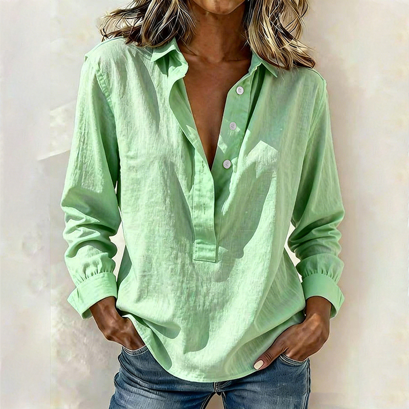 Trendy Lapel V-Neck Solid Color Pullover Top Long Sleeve Loose Shirt