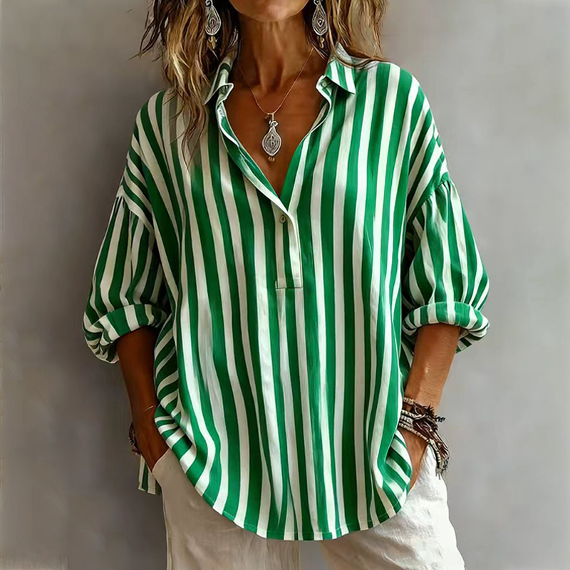 Fashion Stripes Lapel V-Neck Pullover Casual Long Sleeve Loose Shirt
