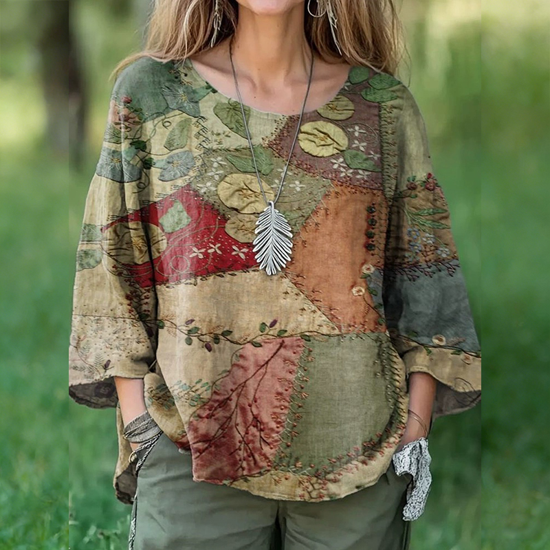 Trendy Multicolor Printed Long Sleeve Pullover Round Neck Loose T-shirt