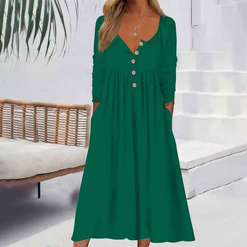 Solid Color Button V-neck Long Sleeve Pockets Autumn Winter Dress