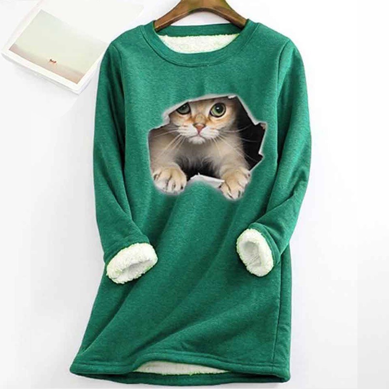 Cat Printed Thickened Fleece Warm Autumn and Winter Sweatshirt