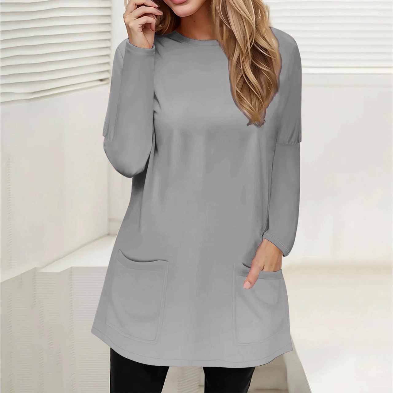 Casual Long Sleeve Pullover Loose Spring Autumn Pockets Long Shirt